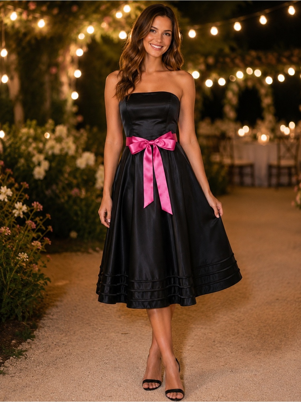 Bill Levkoff Black Strapless Satin Party Dress Pink Bow Cocktail Prom Size 6